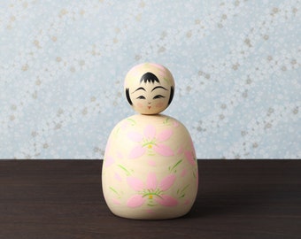 Sakura-cherry blossom ejiko kokeshi doll, 14cm / 5.51inch in height, made by Teruyuki HIRAGA, Sakunami style kokeshi craftsman