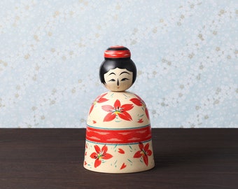 Sakura-cherry blossom ejiko kokeshi doll, 14cm / 5.51inch in height, made by Teruyuki HIRAGA, Sakunami style kokeshi craftsman