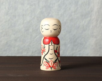 Wooden kokeshi doll-Ojizo san, 13.5cm / 5.31inch in height, by Hiroshi KANOU(1954-) , Sakunami style kokeshi craftsman