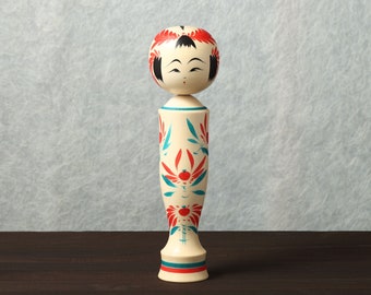 Sakunami kokeshi doll, 26.5cm / 10.43inch in height, made by Teruyuki HIRAGA, Sakunami style kokeshi craftsman