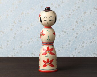 Sakura-cherry blossom kokeshi doll, 20cm / 7.87inch in height, made by Teruyuki HIRAGA, Sakunami style kokeshi craftsman