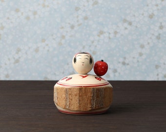 Strawberry kokeshi doll, 7cm / 2.75inch in height, made by Hideaki OHNUMA (1956-), Naruko style kokeshi craftsman
