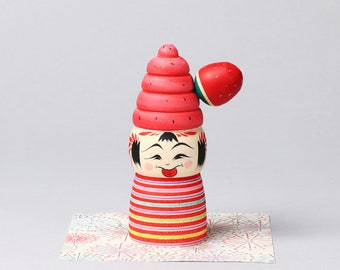 Ice cream kokeshi doll-strawberry, 11.5cm / 4.52inch in height, made by Teruyuki Hiraga, Sakunami style kokeshi craftsman