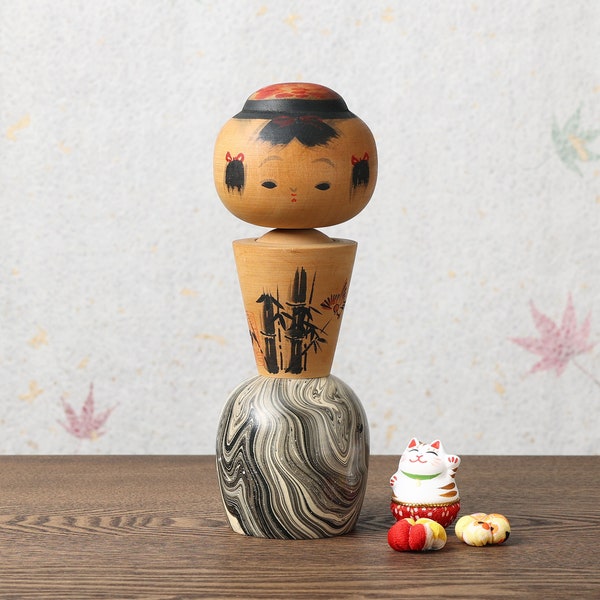 poupée kokeshi Shin-gata vintage, bambou et moineau, poupée kokeshi japonaise en bois