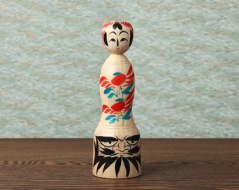 Kokeshi standing on Daruma, 16.5cm / 6.49inch in height, made by Teruyuki HIRAGA, Sakunami style kokeshi craftsman