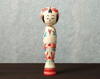 Sakunami kokeshi doll, 26.5cm / 10.43inch in height, made by Teruyuki HIRAGA, Sakunami style kokeshi craftsman