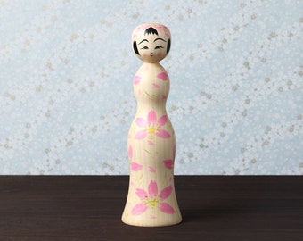 Sakura-cherry blossom kokeshi doll, 19cm / 7.48inch in height, made by Teruyuki HIRAGA, Sakunami style kokeshi craftsman