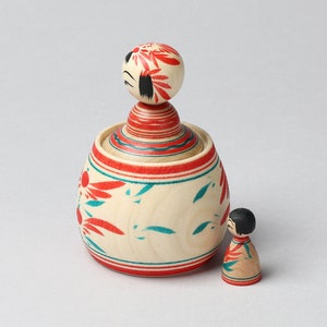 Ejiko pot with a mini kokeshi doll, 9.4cm / 3.7inch in height, made by Teruyuki Hiraga, Sakunami style kokeshi craftsman image 5