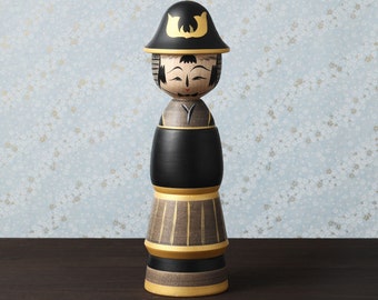 Samurai kokeshi,  25.5cm / 10.03inch in height, made by Teruyuki HIRAGA, Sakunami style kokeshi craftsman