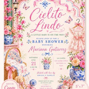 Könnte beinhalten: Eine digitale Babyparty-Einladung mit Blumen- und Schmetterlingsthema. Die Einladung enthält den Text "Cielito Lindo" und "Baby Shower" mit dem Namen "Mariana Gutierrez". Das Design umfasst ein Babykleid, eine Wiege und einen Teddybären.