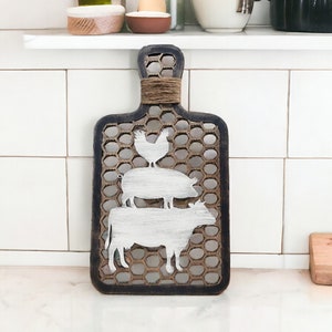 Cutting Board - Decorative - Farmhouse - Rustic - Stacked Farm Animals - Wood - Cow - Pig - Chicken - Valentines Day - Mothers Day - Gift