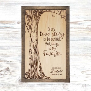 Every Love Story - Custom family Engraved Name Family Tree Engraved on Wood - Anniversary Wedding Gift
