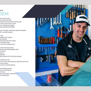 May include: A poem about the importance of cleanliness, orderliness, and self-discipline in the workplace. The poem is printed on a white page with a blue and black border. A man in a black shirt and a white baseball cap is standing in front of a wall of tools. The wall is blue and has a variety of tools hanging on it.