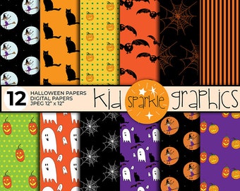 Halloween digital papers, scrapbook papers, background | Halloween clipart includes Pumpkin, black cat - INSTANT DOWNLOAD JPEG Files