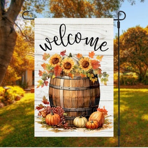 Autumn Whiskey Barrel Fall Garden Flag with Pumpkins & Sunflowers, Fall Garden Flag Digital Download, Sublimation Garden Flag Design