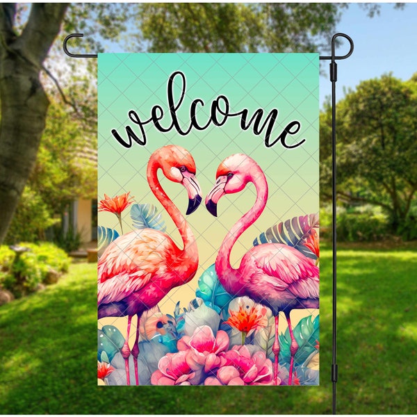 Welcome Flamingo Garden Flag, Summer Yard Flag PNG, Flamingo Flag Sublimation Design, Tropical Flowers & Flamingo, Digital Download