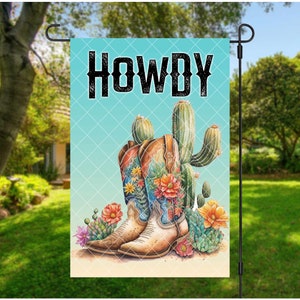 Garden Flag Design, Cactus & Cowboy Boots Howdy/Welcome Yard Flag, PNG download