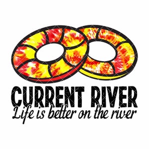 May include: Two yellow and red tie-dye life preservers in the shape of an infinity symbol. The text below reads "Current River Life is better on the river."