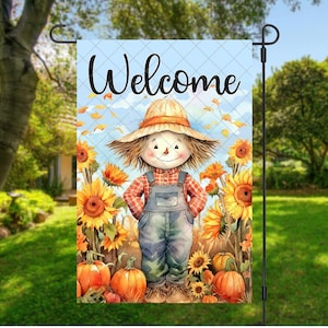 Bandera de jardín de otoño con espantapájaros PNG: Calabazas y girasoles (Descarga digital)