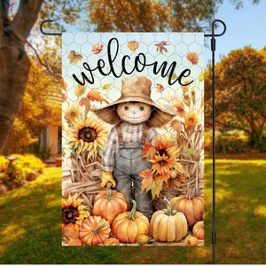 Autumn Scarecrow Garden Flag PNG with Pumpkins and Sunflowers/ Digital Download/ Sublimation Garden Flag Design/ Fall Garden Flag PNG