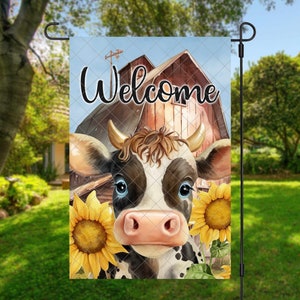 Welcome Cow Garden Flag, Summer Yard Flag PNG, Cow Flag Sublimation Design, Sunflowers & Cow, Digital Download