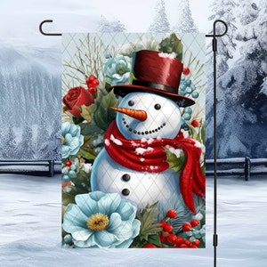Floral Snowman Christmas Garden Flag Sublimation Design, Snowman Yard Flag, Winter Garden Flag, INSTANT DOWNLOAD, PNG
