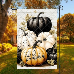 Hello Pumpkin, Fall Garden Flag PNG with Pumpkins. Autumn Yard Flag Digital Download, Sublimation Garden Flag Design, Fall Garden Flag PNG