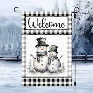 Snowman Christmas Garden Flag: Buffalo Plaid Winter Design (PNG, Instant Download)