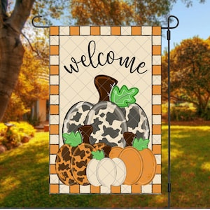 Cow Print Pumpkins, Fall Garden Flag Template, Autumn Yard Flag, Welcome Flag Sublimation Design, INSTANT DOWNLOAD, PNG