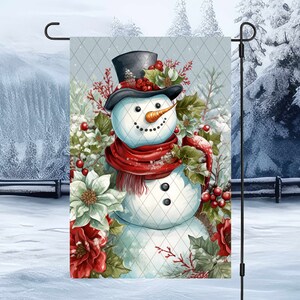 Floral Snowman Christmas Garden Flag Sublimation Design (PNG, Instant Download)