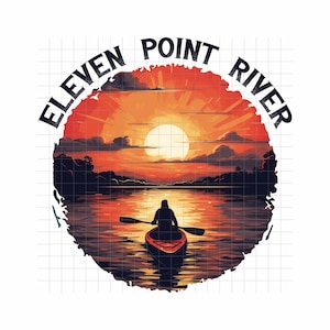 Op de afbeelding: Een cirkelvormig grafisch ontwerp met de tekst "Eleven Point River" in een zwart lettertype. De afbeelding toont een zonsondergang boven een meer met een persoon in een kajak die naar de kijker peddelt.