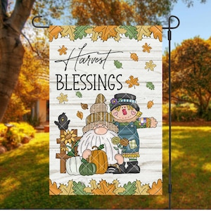 Harvest Blessings Garden Flag, Cute Fall Gnome with Scarecrow Garden Flag Template, Autumn Yard Flag, Sublimation Design, DIGITAL DOWNLOAD