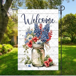 Patriotic Garden Flag PNG/ Mason Jar Garden Flag Design/ Red White & Blue/ Summer Garden Flag PNG for sublimation