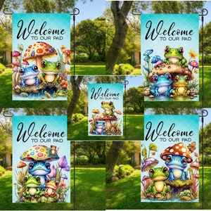 BUNDLE of 5 Colorful Frog Garden Flag Templates, Welcome to our Pad, Sublimation Designs, PNG Download, 12x18 Yard Flags