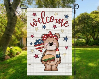 Patriotic Bear Garden Flag: 4th of July Welcome Design (PNG Digital Download)