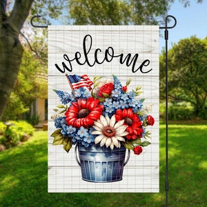 Patriottische tuinvlag PNG/rode, witte en blauwe bloemenmand tuinvlagontwerp/zomertuinvlag/DIGITALE DOWNLOAD