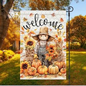 Autumn Scarecrow Garden Flag PNG with Pumpkins and Sunflowers/ Digital Download/ Sublimation Garden Flag Design/ Fall Garden Flag PNG