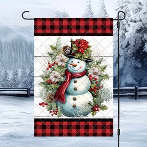 Floral Snowman Buffalo Plaid Winter Garden Flag Sublimation Design (PNG)