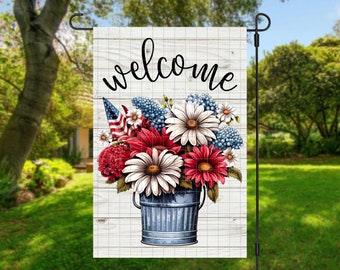 Patriotic Garden Flag PNG: Red, White, Blue Floral Bucket (Digital Download)