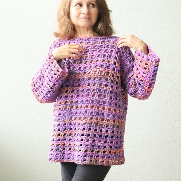 Crochet PATTERN oversized mesh pullover, tunic style. Long sleeves. EASY crochet beginner women's top. Use any medium weight yarn.