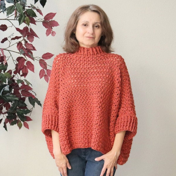 Crochet Women's Sweater PATTERN. Oversized and soft for MAXIMUM COMFORT! Easy ribbed cuffs and optional mock turtleneck. Fun crochet stitch!