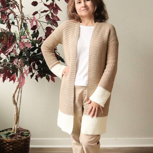 Crochet Long Cardigan PATTERN. Two tone crochet cardigan with long sleeves. Crochet lightweight cardigan. Easy crochet beginner friendly.