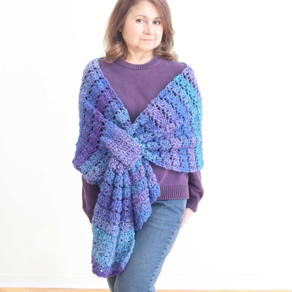Crochet Wrap with CLOSURE. PATTERN. Crochet shawl. Easy crochet wrap. Crochet beginner friendly. Keeps hands free. No slipping off shoulders