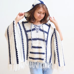 Crochet Poncho with Hood PATTERN. Crochet Hoodie. Summer poncho. Crochet BOHO poncho. Features hood, front pocket, ties and fun fringe image 1