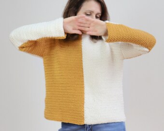 Crochet PATTERN for Crochet Color Block Sweater or Crochet Pullover for women and teens in KNIT LOOK stitch. Unique and stylish.