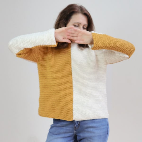 Crochet PATTERN for Crochet Color Block Sweater or Crochet Pullover for women and teens in KNIT LOOK stitch. Unique and stylish.