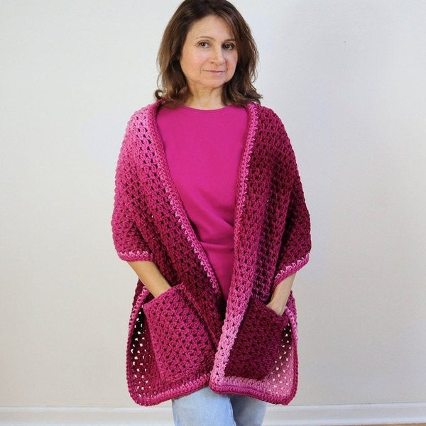 PATTERN for the EASIEST Crochet Pocket Shawl perfect for crochet beginners! Simple stitch results in beautiful, lightweight crochet wrap.