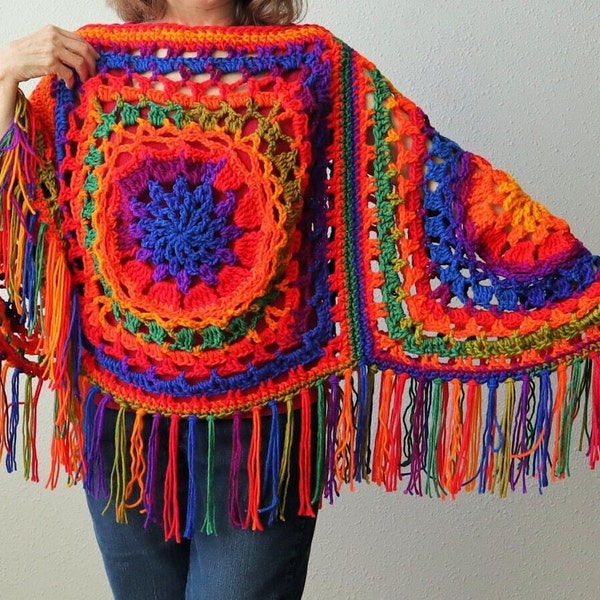 Granny Square Poncho Retro style. Fun crochet poncho using large granny squares and fun fringe. Versatile! Pointy poncho or vertical square.