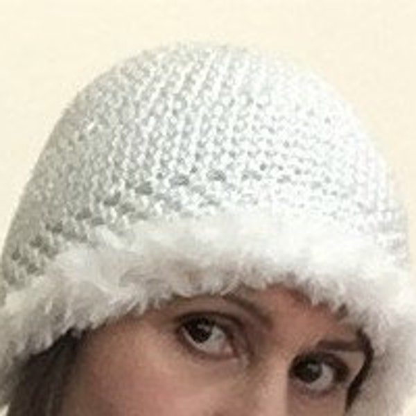 Crochet pattern for Winter White Hat with Fur Trim. This is part of a 3 piece ensemble perfect for a holiday outfit.
