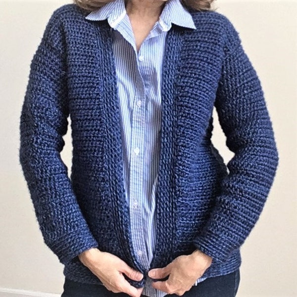 Crochet PATTERN for CLASSIC Crochet CARDIGAN for women. Uses basic crochet stitches to create a beautiful sweater.